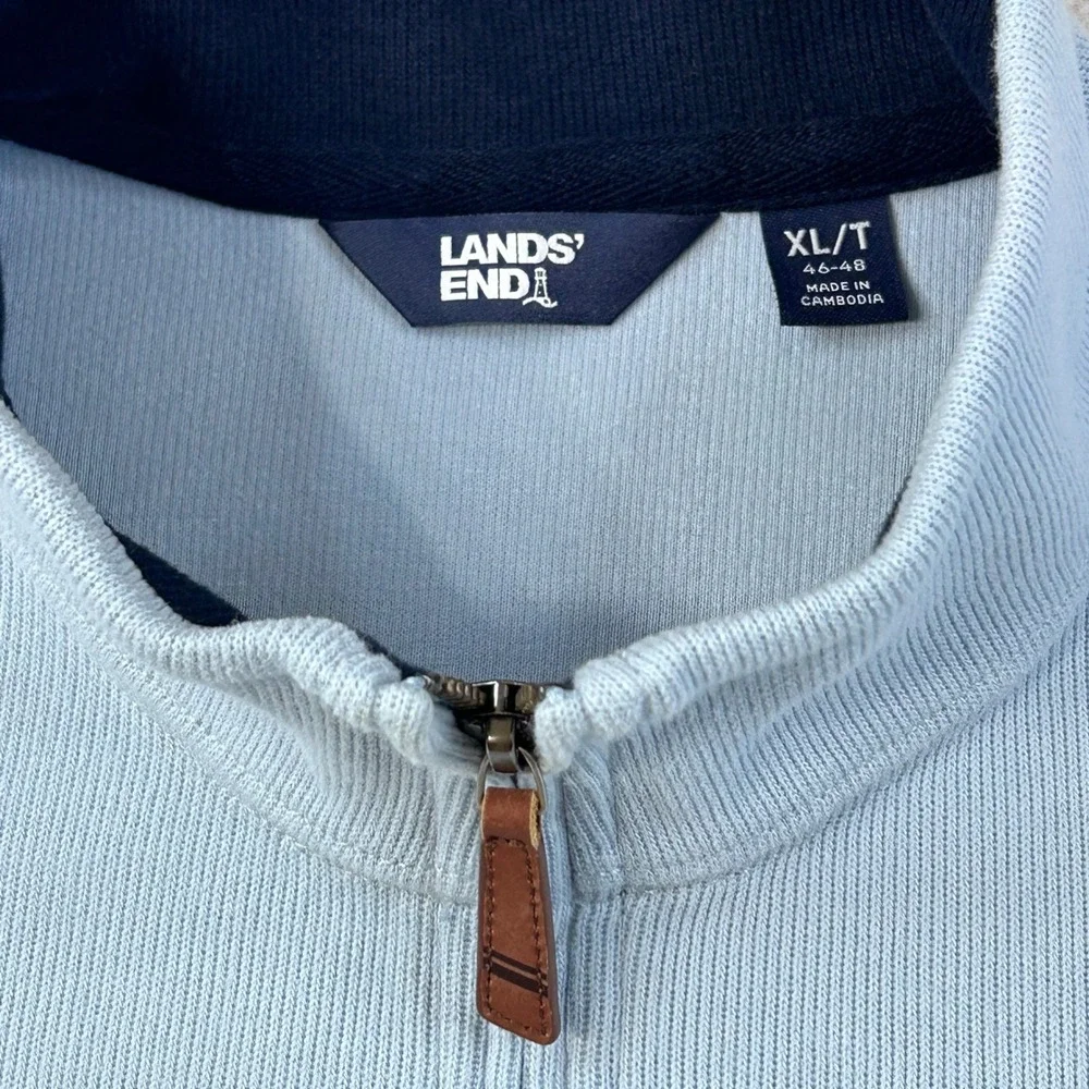 Lands End Mens XL Tall Light Blue Ribbed Quarter Zip Pullover Sweater Mock Neck